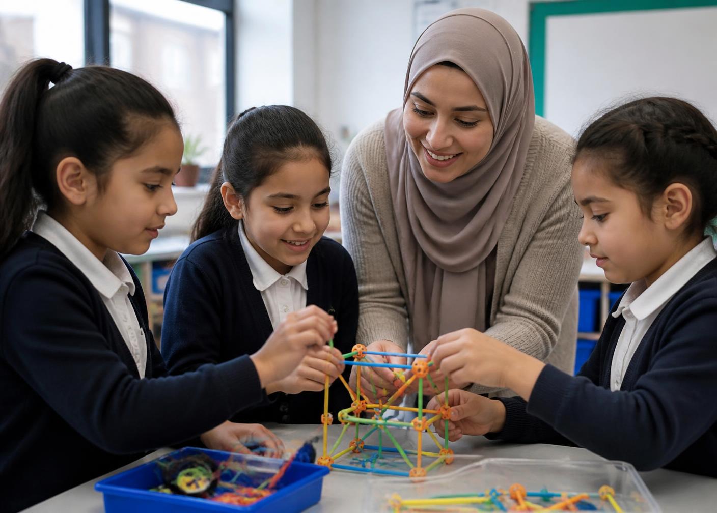 Girls working together on a teamwork building activity with their teacher