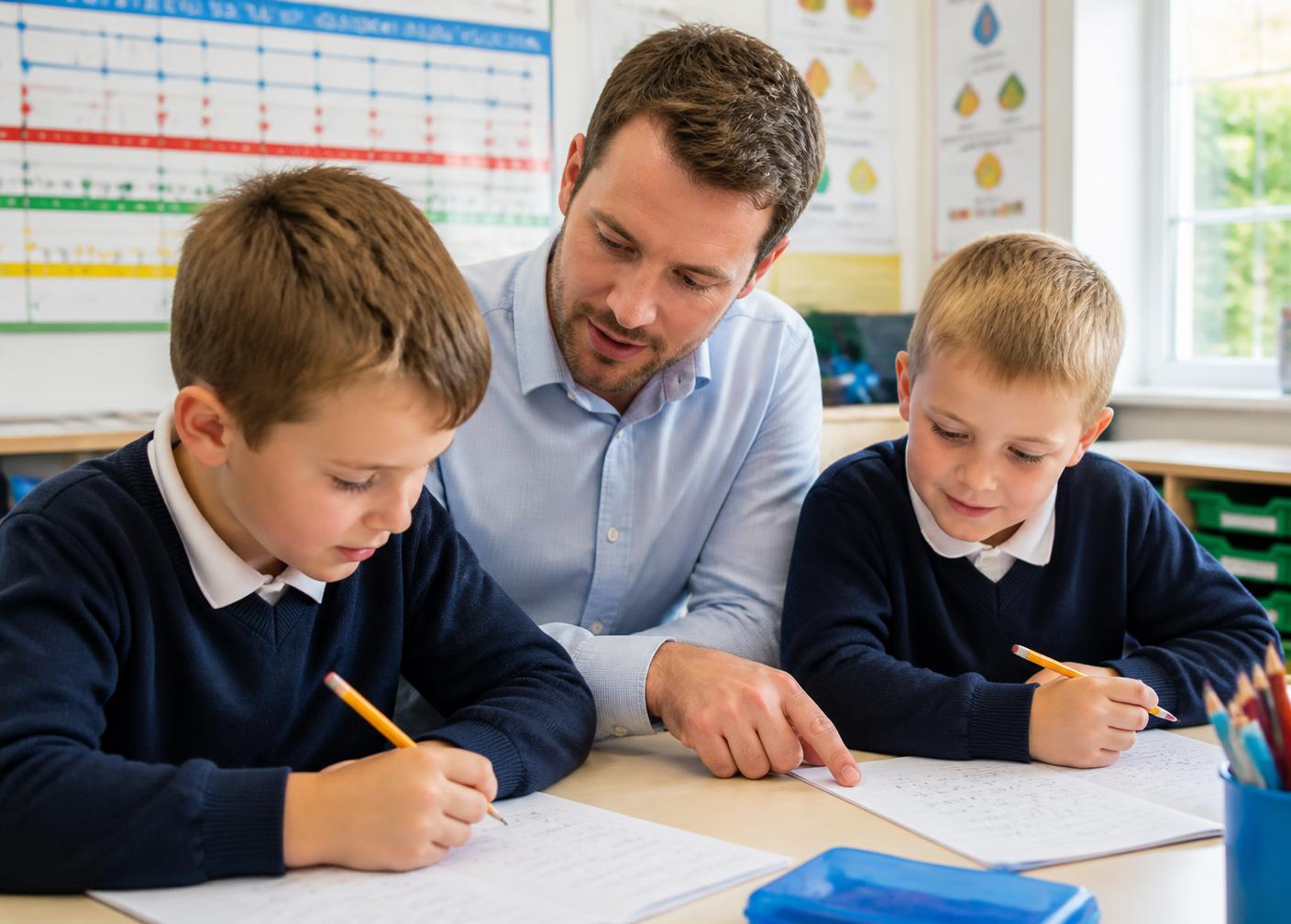 Male teacher supporting two primary school boys with maths worksheets